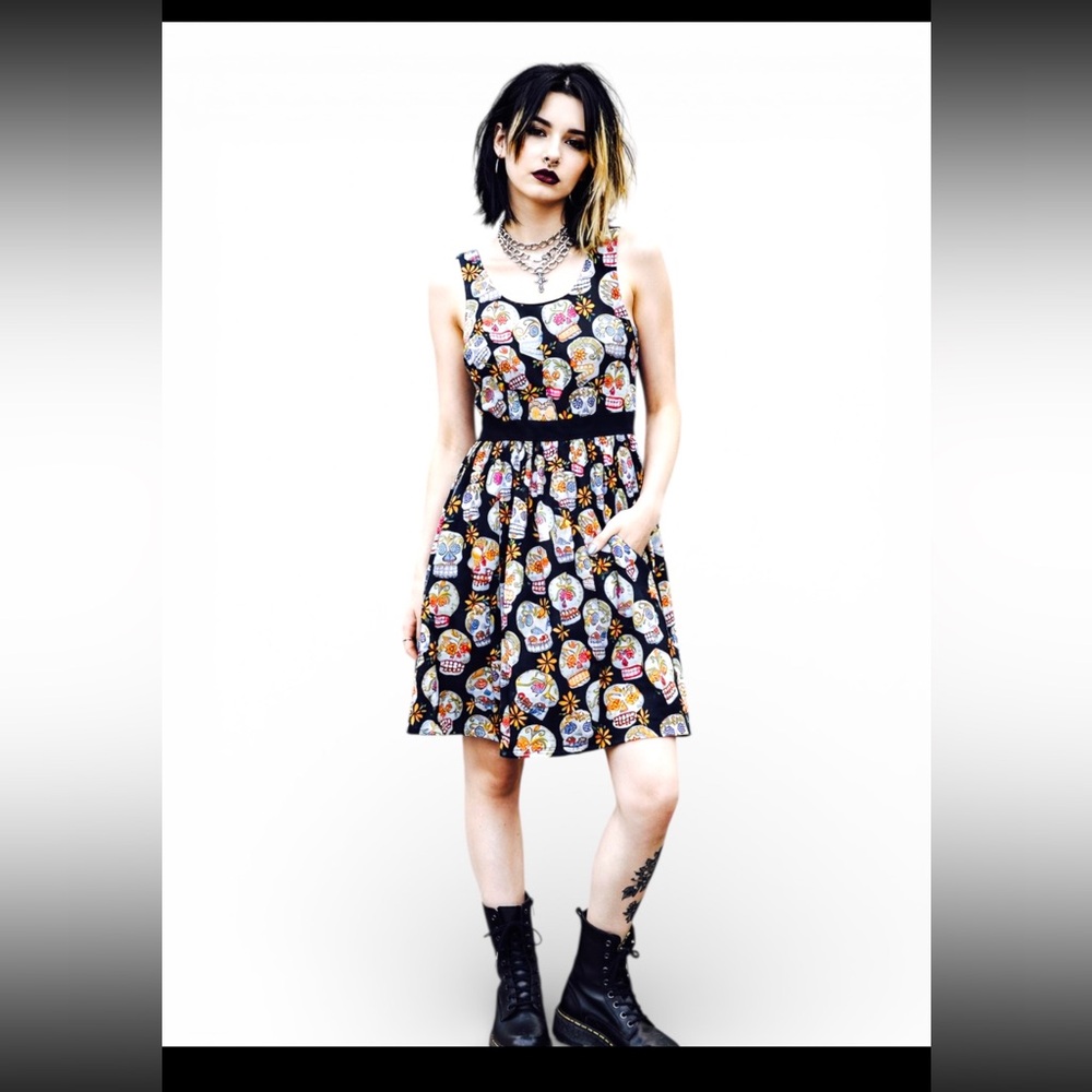 Sugar Skull Print Cotton Dress‎ by Hemet Sz Large